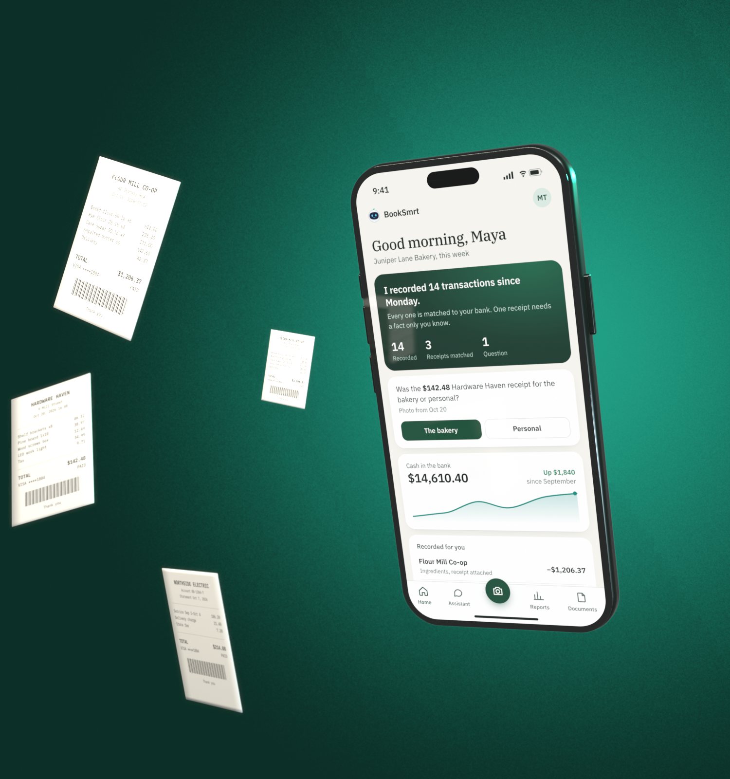 The BookSmrt app on a phone, with paper receipts flying into it and the home screen saying it recorded 14 transactions since Monday.